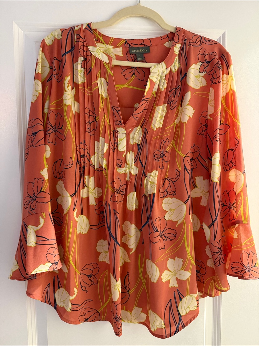Style & Co. Coral Floral V-Neck Pintuck Blouse